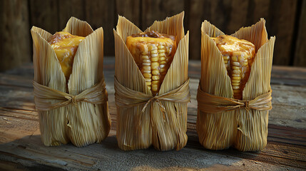 hearty tamales artistically presented upright, partially unwrapped to expose their golden corn and savory fillings, secured with natural ties against a rustic wooden backdrop