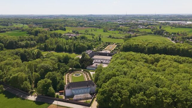 ch&acirc;teau seneffe well maintained parks covered greenery beautiful landscape elegance creating serene reveals pull aerial drone shot back of de 