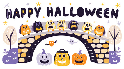 Happy halloween scene with pumpkins on a bridge and bats flying around with stars above it all
