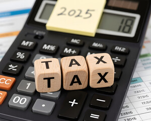 TAX written on wooden cubes over a calculator with spreadsheets and a sticky note reading 2025, symbolizing future tax planning, accounting and finance