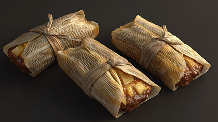 delectable tamales artfully revealing their rich, savory fillings, meticulously wrapped in corn husks and secured with natural ties, presented on a dark surface