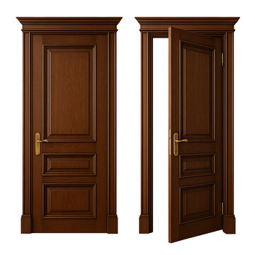 Fototapeta Classic wooden door open and closed views with golden handle isolated on transparent background