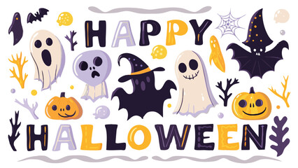 Happy halloween design with ghosts, bats, pumpkins, and lettering for festive holiday celebration