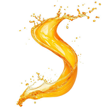 Bright orange juice splash in spiral motion, isolated on transparent cutout background