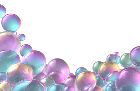 Colorful soap bubbles frame, isolated on transparent cutout background