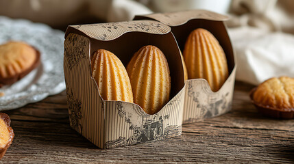 beautifully packaged Madeleines, each in an individual kraft paper box adorned with charming sketch art, highlighting their golden