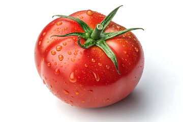Ripe Red Tomato with Green Stem Isolated on White Background.