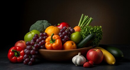 A wooden bowl filled with a colorful assortment of fresh fruits and vegetables, including apples, grapes, peppers, broccoli, and garlic, against a dark background.