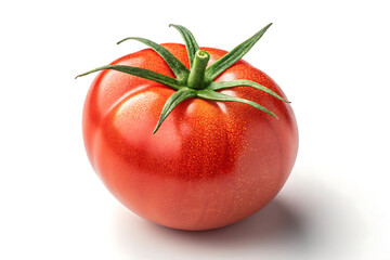 Ripe Red Tomato with Green Stem Isolated on White Background.