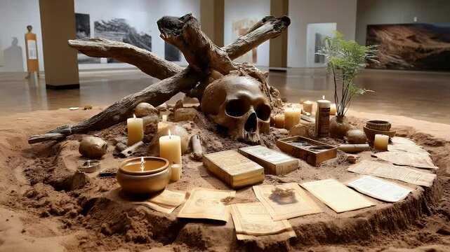Artistic sand installation with skull and documents