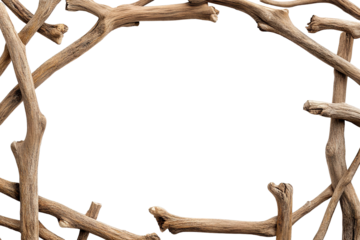 Rustic frame made of dry wooden branches, isolated on transparent cutout background