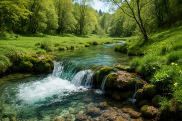 Serene forest stream with waterfall.