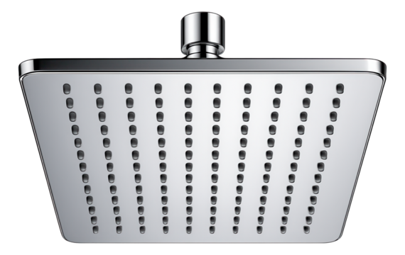 Rainfall showerhead for a modern home, designed with a wide, flat square surface to mimic natural rain.