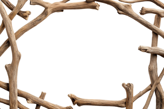 Rustic frame made of dry wooden branches, isolated on transparent cutout background