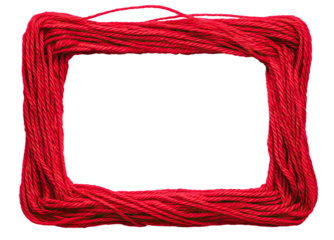 Crafty frame made of red wool threads, isolated on transparent cutout background