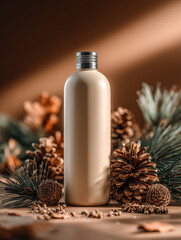Brown bottle with pine cones and greenery in autumn setting  concept of mockup photography  