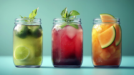 clear jars containing vibrant fruit drinks, garnished with fresh fruit and mint, against a serene teal background, highlighting refreshing beverages