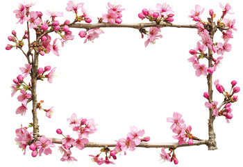 Cherry blossom frame made of blooming branches, isolated on transparent cutout background