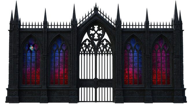 Gothic stone gate with stained glass windows and spire accents isolated on transparent background - Powered by Adobe