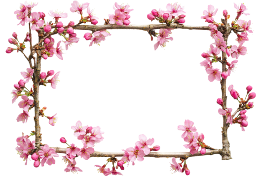 Cherry blossom frame made of blooming branches, isolated on transparent cutout background