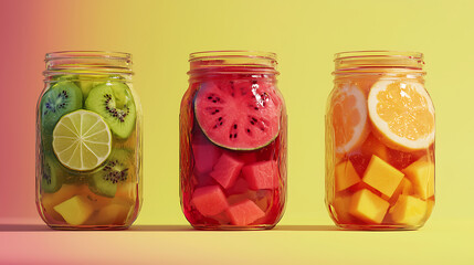 clear jars filled with colorful, cut fruits and water, showcasing refreshing and healthy fruit-infused beverages