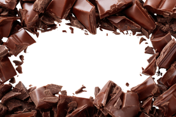 Delicious broken chocolate pieces forming a frame, isolated on transparent cutout background