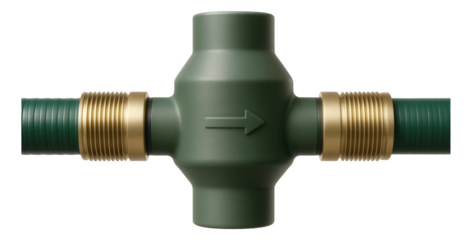 PVC check valve integrated into a garden hose setup for a backyard irrigation system.
