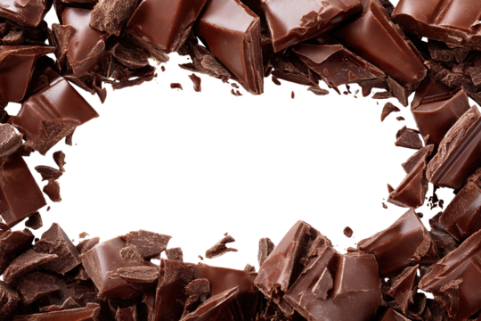 Delicious broken chocolate pieces forming a frame, isolated on transparent cutout background - Powered by Adobe