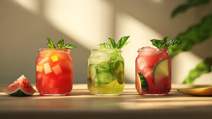 glasses of infused water with fruit and mint, bathed in natural sunlight, convey a sense of refreshing hydration and natural goodness