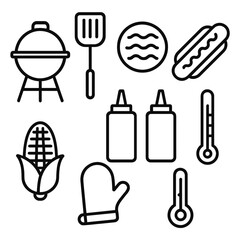 BBQ Picnic Icons. Line style icons of BBQ Picnic Add-Ons: portable charcoal grill, spatula flipper, burger patty, hot dog, corn