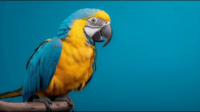 Colorful parrot is perched on a branch. The bird is yellow and blue, and it looks like it's looking at the camera. The image has a bright and cheerful mood, and it conveys a sense of freedom and joy
