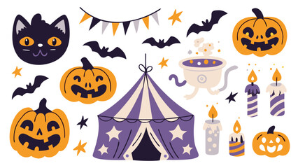 Halloween themed illustration with pumpkins, bats, cat, tent, candles and cauldron elements art