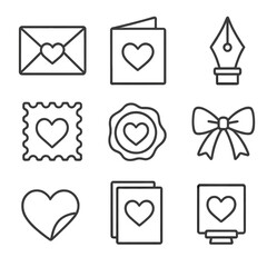 Line Style Thank You. Line style icons of Thank You Cards: envelope with heart, folded card, pen nib, postage stamp, wax seal,