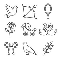 Icons of Love. Line style icons of Love & Beauty: Aphrodite dove, Eros bow, mirror hand, rose blossom, shell chariot, swan pair,