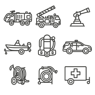 Fire Rescue Vehicles Icons. Line style icons of Fire & Rescue Ground Vehicles: ARFF truck, crash tender ladder, foam monitor,