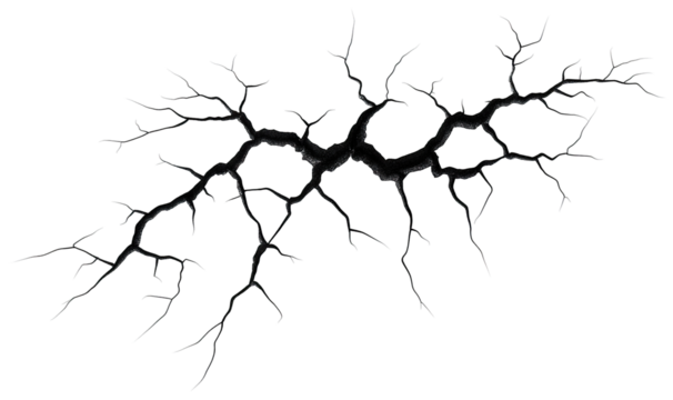 Realistic crack with branching lines, isolated on transparent cutout background