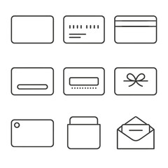 Gift Card Icons. Line style icons of Physical Gift Card Designs: plastic card, embossed numbers, magnetic stripe, signature panel,