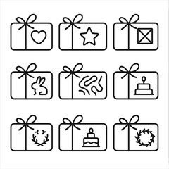 Iconic Gift Card Designs. Line style icons of Themed Gift Card Sets: heart motif card, star motif card, floral motif card,