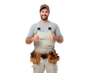 Happy construction worker in overalls giving thumbs up with tool belt on transparent background, PNG