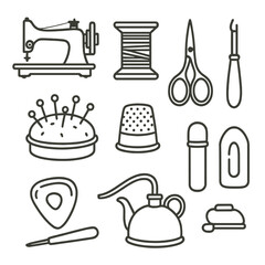 Family Heirloom Sewing Tools. Line style icons of Family Heirloom Sewing Tools: treadle sewing machine, wooden spool of thread,