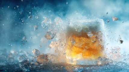 As ice breaks, a large, misty beer glass gushes out. Ice granules and water droplets scatter around the glass, capturing a dynamic, frozen moment. 