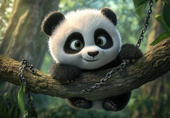 Obraz premium A cute little panda is hanging on the branch of an ancient tree