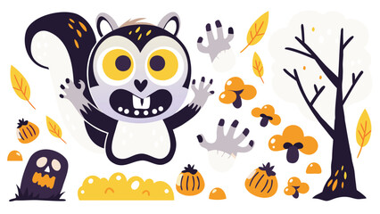 Cartoon halloween themed image featuring a squirrel, tombstone, tree, and other spooky elements