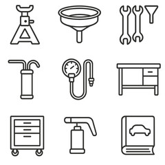 Vehicle Service Icons. Line style icons of Vehicle Service Bay Tools: jack stand, oil drain pan, wrench set, funnel, fluid refill