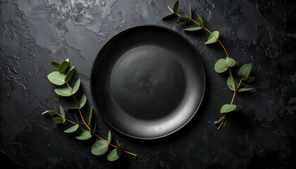 Black Plate with Eucalyptus Leaves on Dark Background