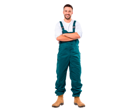 Confident man in workwear with overalls for professional uniform concept on transparent background, PNG