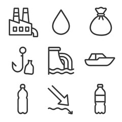 Human Impact Icons. Line style icons of Human Impact Elements: factory silhouette, sewage pipe, oil droplet, litter bag, fishing