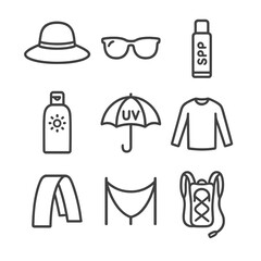 Sun Protection Icons. Line style icons of Sun Protection: wide-brim hat, sunglasses, SPF lip balm, sunscreen lotion, UV umbrella,