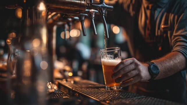 Side view of a bartender in action, expertly pouring beer from the tap at the bar counter, with a focus on the perfect pour and clean bar setup.