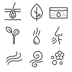 Floral Scent Icons. Outline style icons of Floral Scent & Oil Features: oil gland, scent pore, aromatic resin canal, glandular